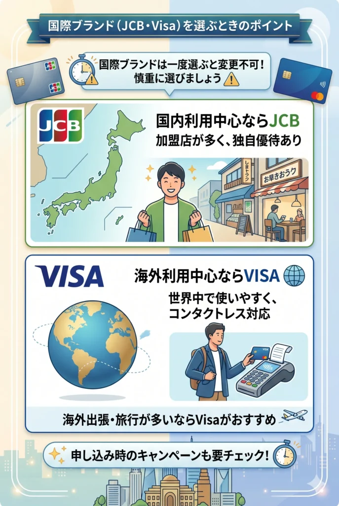 JCBとVisaの国際ブランドを比較するイメージ