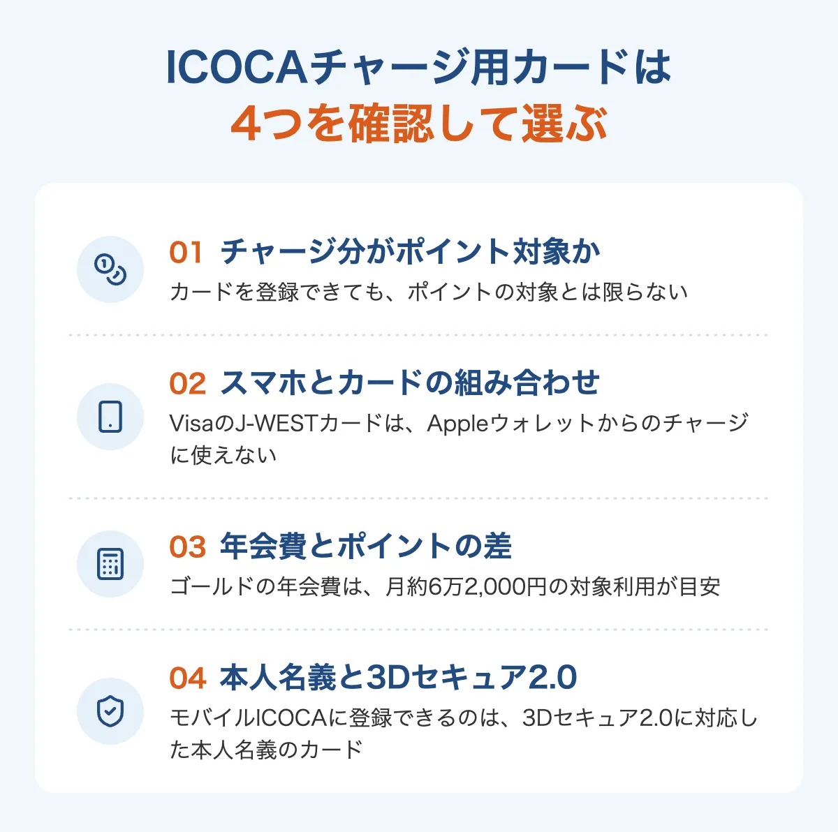 ICOCAチャージ用カードを選ぶときに確認する4つのポイント